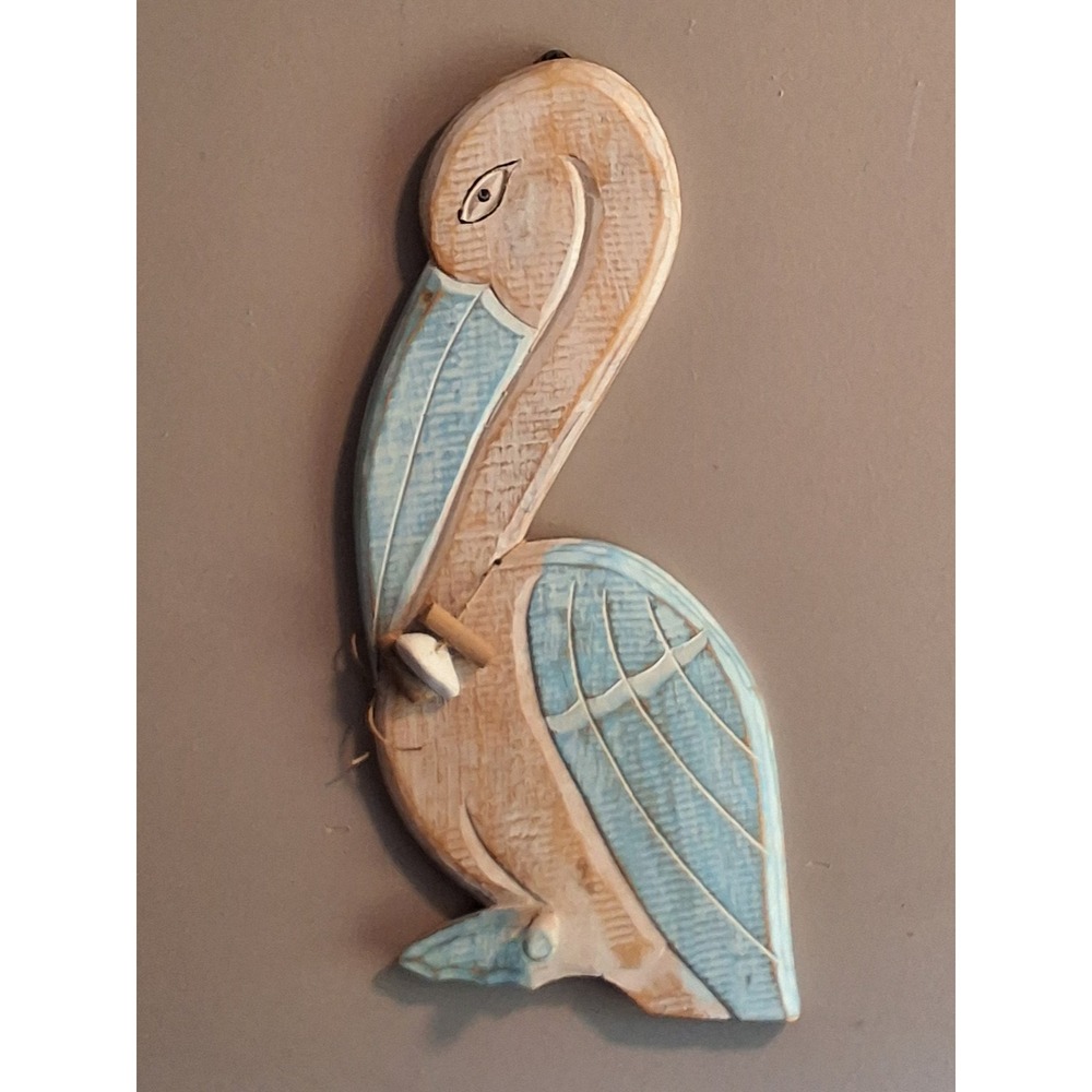 Hand Carved Wooden Pelican Wall Art Coastal Nautical Distressed Blue White 18in